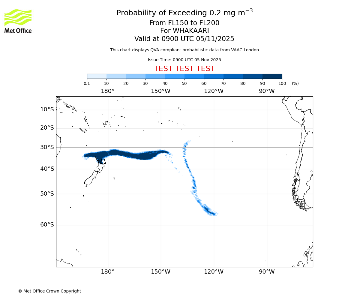 Probability of exceeding 0.2 milligrams per metre cubed. From 150 to 200 for WHAKAARI. Valid at 0900 UTC 05/11/2025