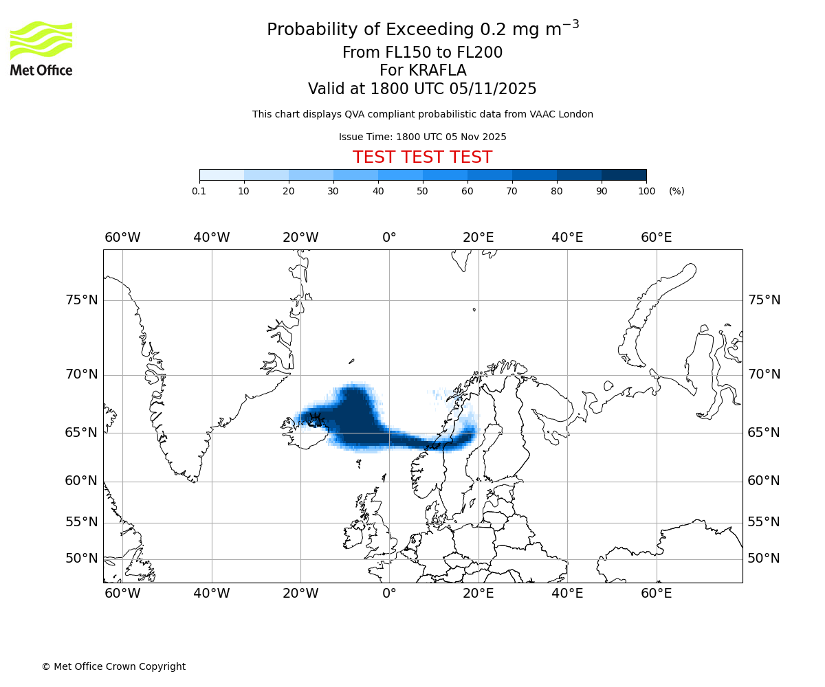 Probability of exceeding 0.2 milligrams per metre cubed. From 150 to 200 for KRAFLA. Valid at 1800 UTC 05/11/2025