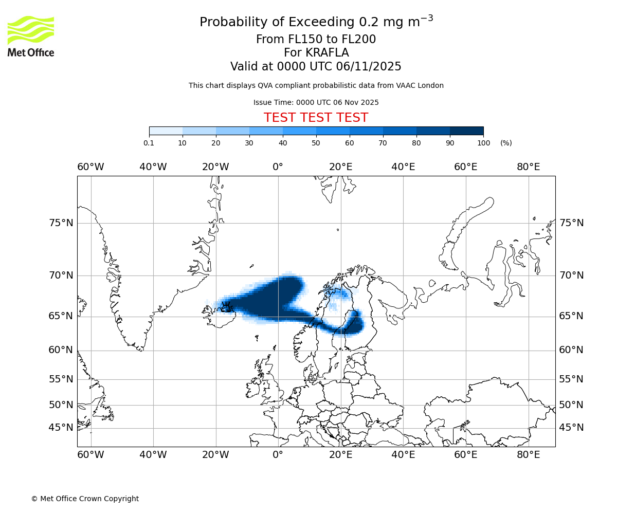 Probability of exceeding 0.2 milligrams per metre cubed. From 150 to 200 for KRAFLA. Valid at 0000 UTC 06/11/2025