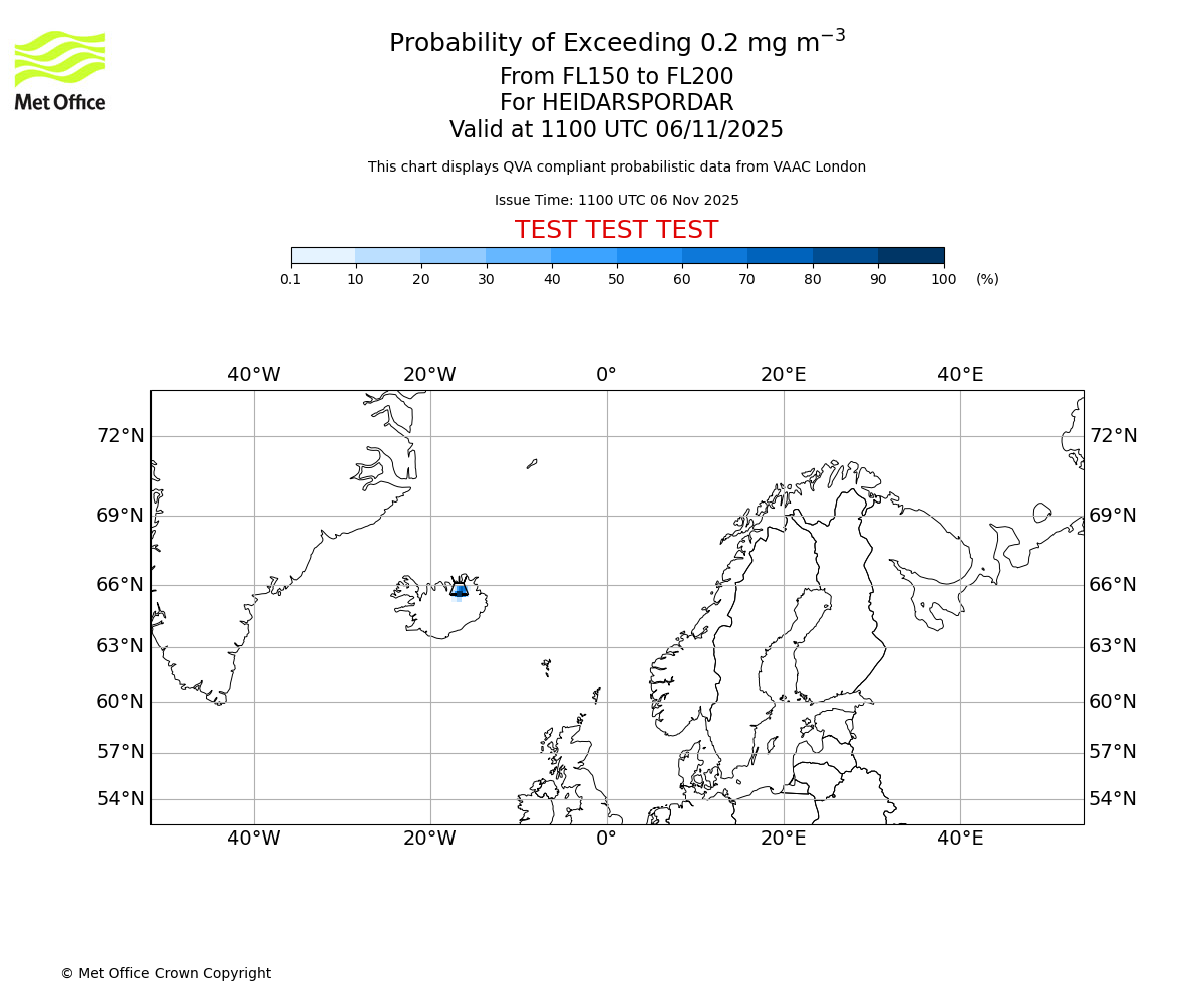Probability of exceeding 0.2 milligrams per metre cubed. From 150 to 200 for HEIDARSPORDAR. Valid at 1100 UTC 06/11/2025