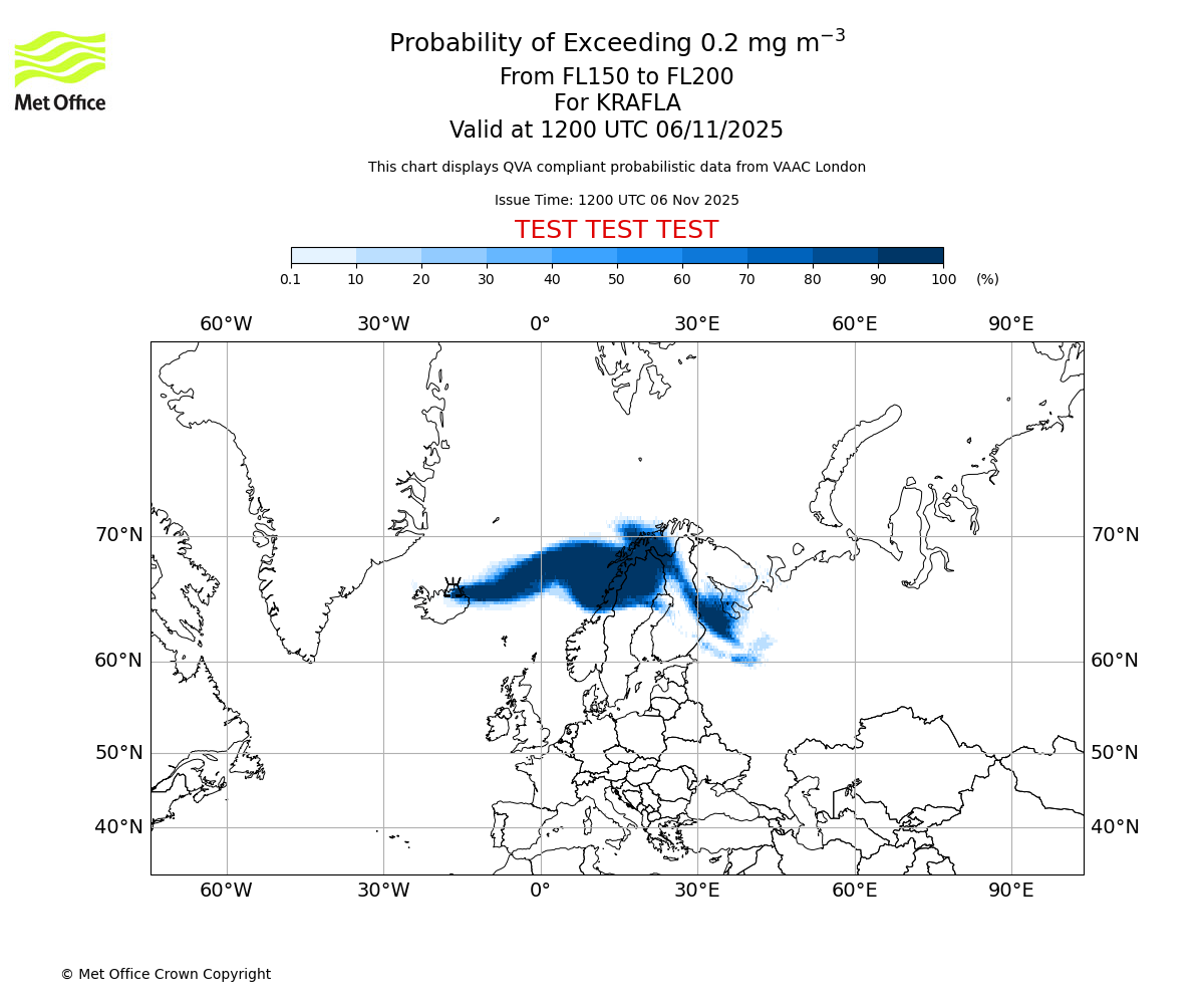 Probability of exceeding 0.2 milligrams per metre cubed. From 150 to 200 for KRAFLA. Valid at 1200 UTC 06/11/2025