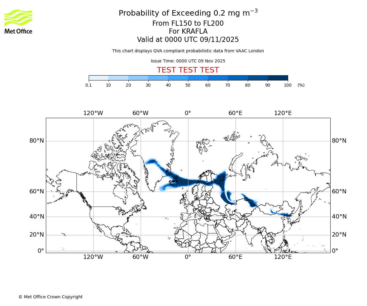 Probability of exceeding 0.2 milligrams per metre cubed. From 150 to 200 for KRAFLA. Valid at 0000 UTC 09/11/2025