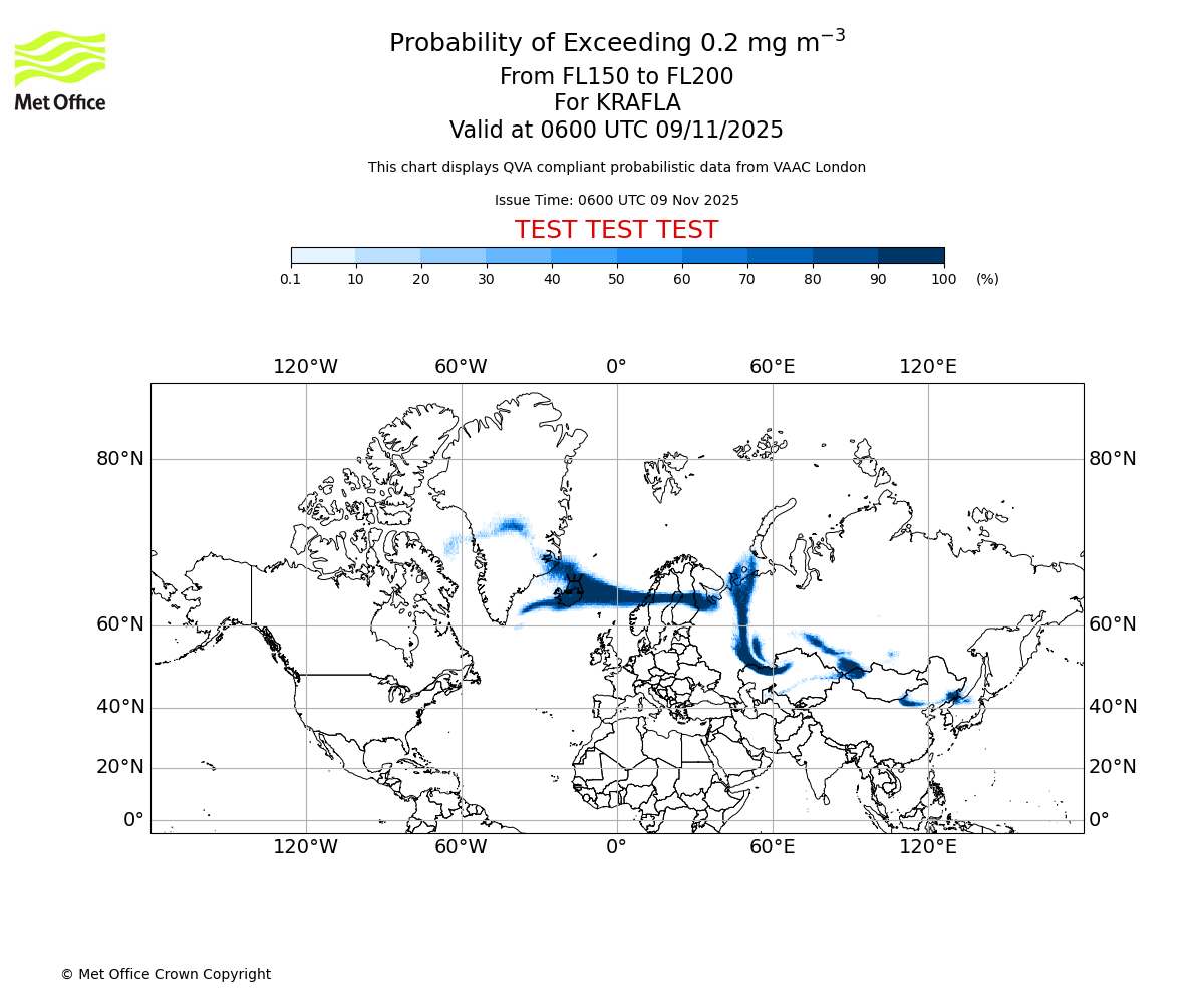 Probability of exceeding 0.2 milligrams per metre cubed. From 150 to 200 for KRAFLA. Valid at 0600 UTC 09/11/2025