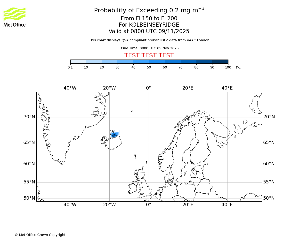 Probability of exceeding 0.2 milligrams per metre cubed. From 150 to 200 for KOLBEINSEYRIDGE. Valid at 0800 UTC 09/11/2025