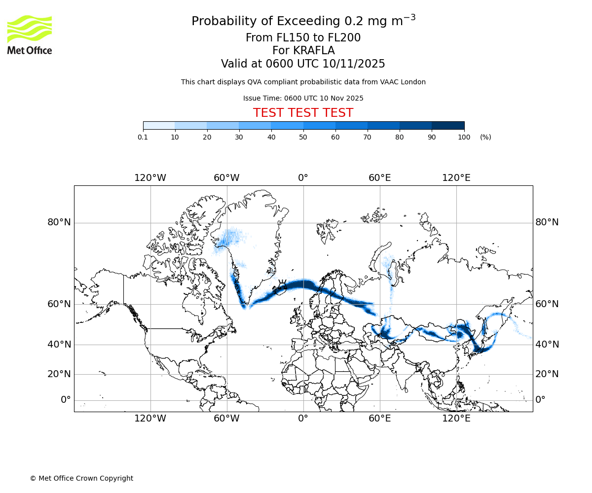 Probability of exceeding 0.2 milligrams per metre cubed. From 150 to 200 for KRAFLA. Valid at 0600 UTC 10/11/2025