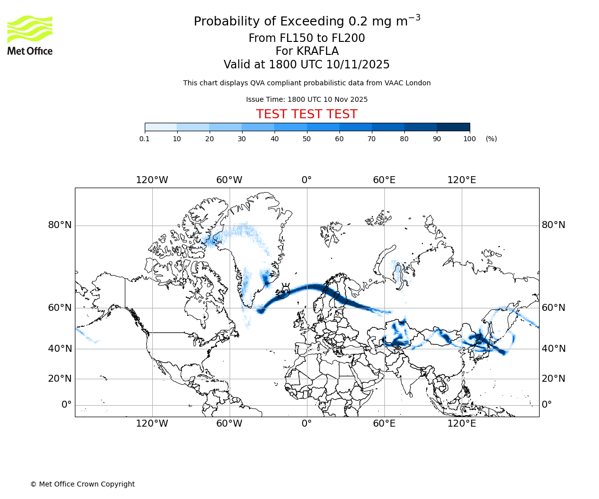 Probability of exceeding 0.2 milligrams per metre cubed. From 150 to 200 for KRAFLA. Valid at 1800 UTC 10/11/2025