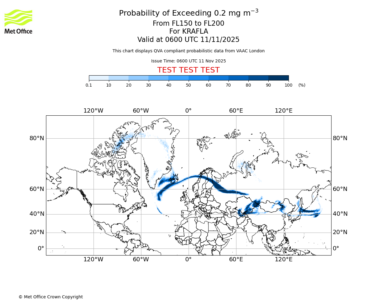 Probability of exceeding 0.2 milligrams per metre cubed. From 150 to 200 for KRAFLA. Valid at 0600 UTC 11/11/2025