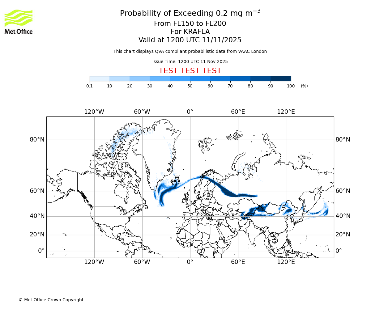 Probability of exceeding 0.2 milligrams per metre cubed. From 150 to 200 for KRAFLA. Valid at 1200 UTC 11/11/2025