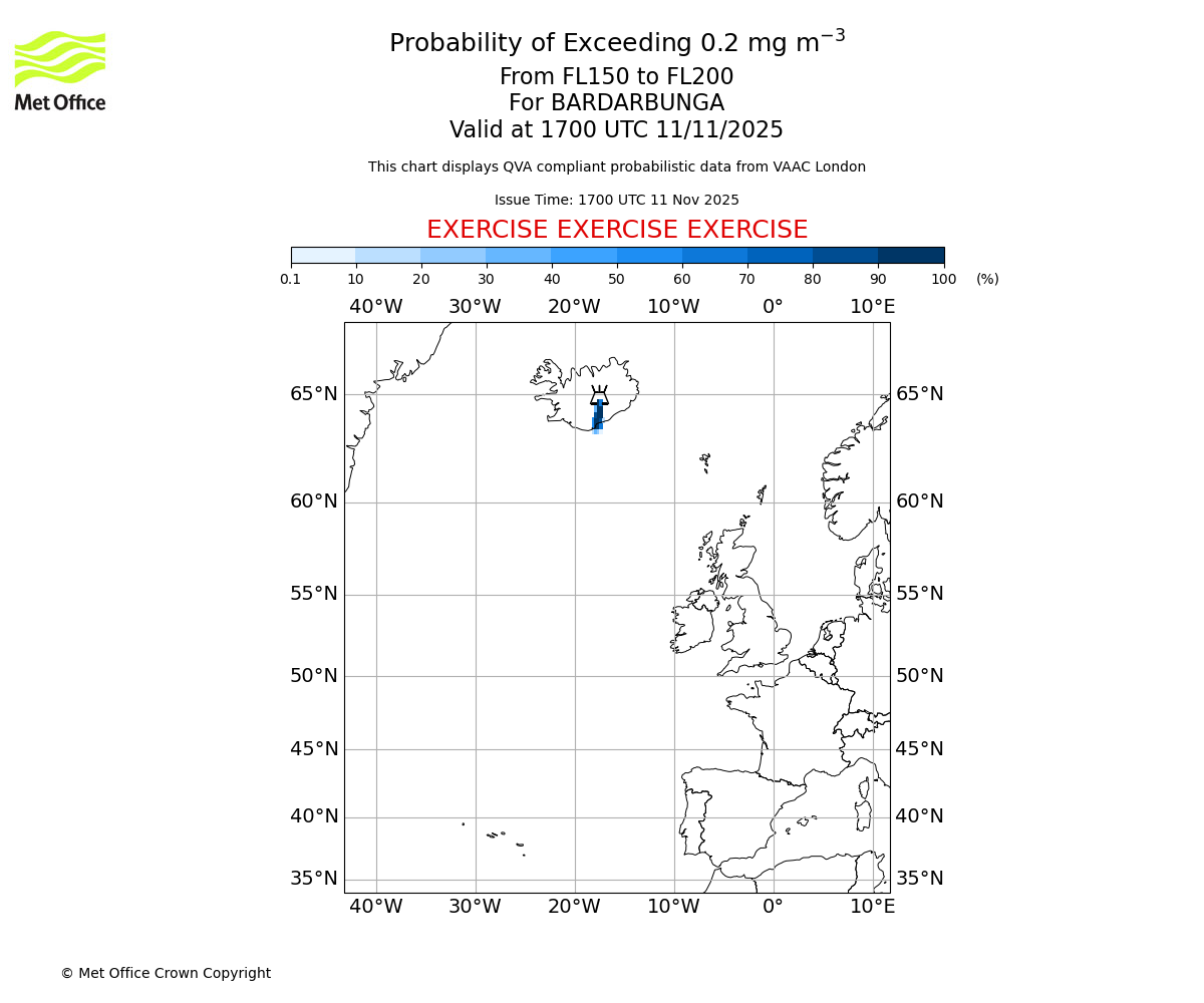 Probability of exceeding 0.2 milligrams per metre cubed. From 150 to 200 for BARDARBUNGA. Valid at 1700 UTC 11/11/2025