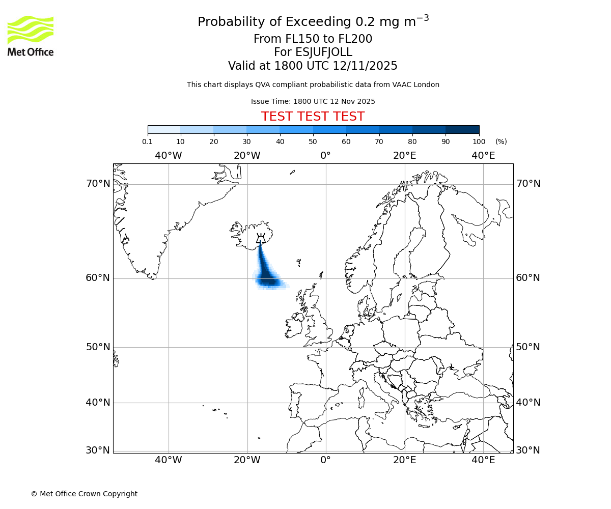 Probability of exceeding 0.2 milligrams per metre cubed. From 150 to 200 for ESJUFJOLL. Valid at 1800 UTC 12/11/2025