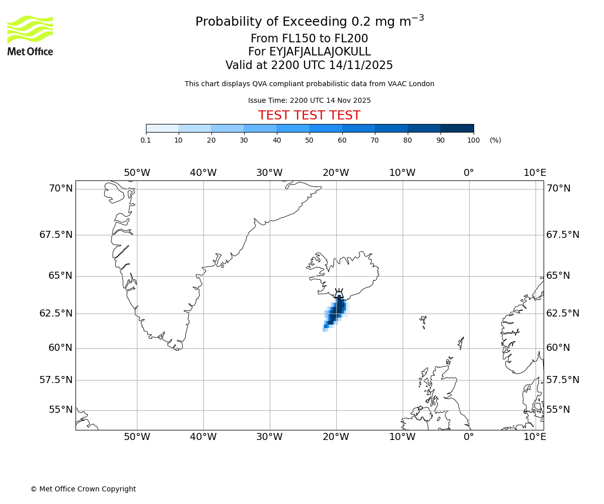Probability of exceeding 0.2 milligrams per metre cubed. From 150 to 200 for EYJAFJALLAJOKULL. Valid at 2200 UTC 14/11/2025