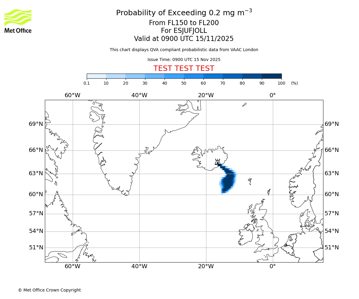 Probability of exceeding 0.2 milligrams per metre cubed. From 150 to 200 for ESJUFJOLL. Valid at 0900 UTC 15/11/2025