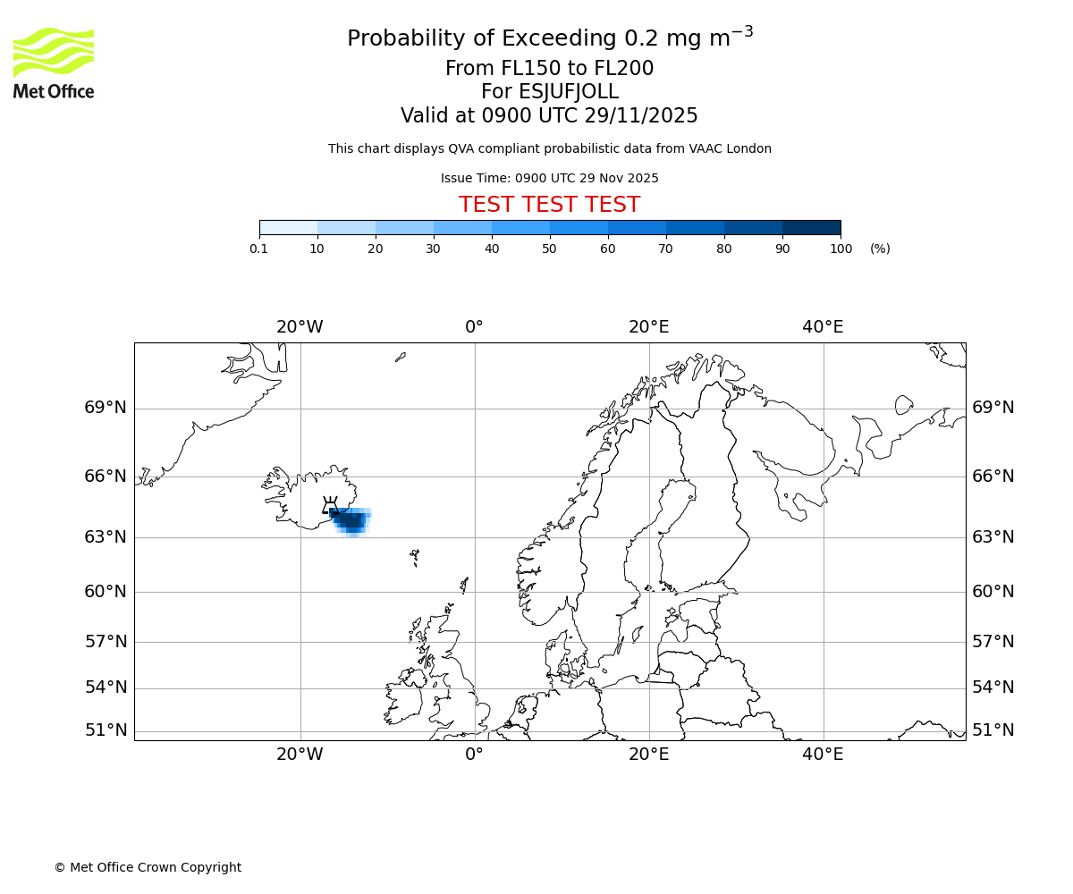 Probability of exceeding 0.2 milligrams per metre cubed. From 150 to 200 for ESJUFJOLL. Valid at 0900 UTC 29/11/2025