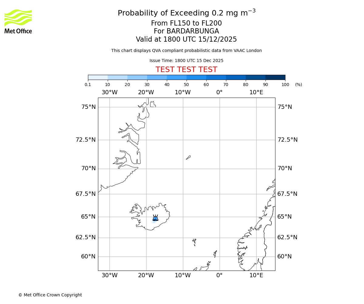Probability of exceeding 0.2 milligrams per metre cubed. From 150 to 200 for BARDARBUNGA. Valid at 1800 UTC 15/12/2025