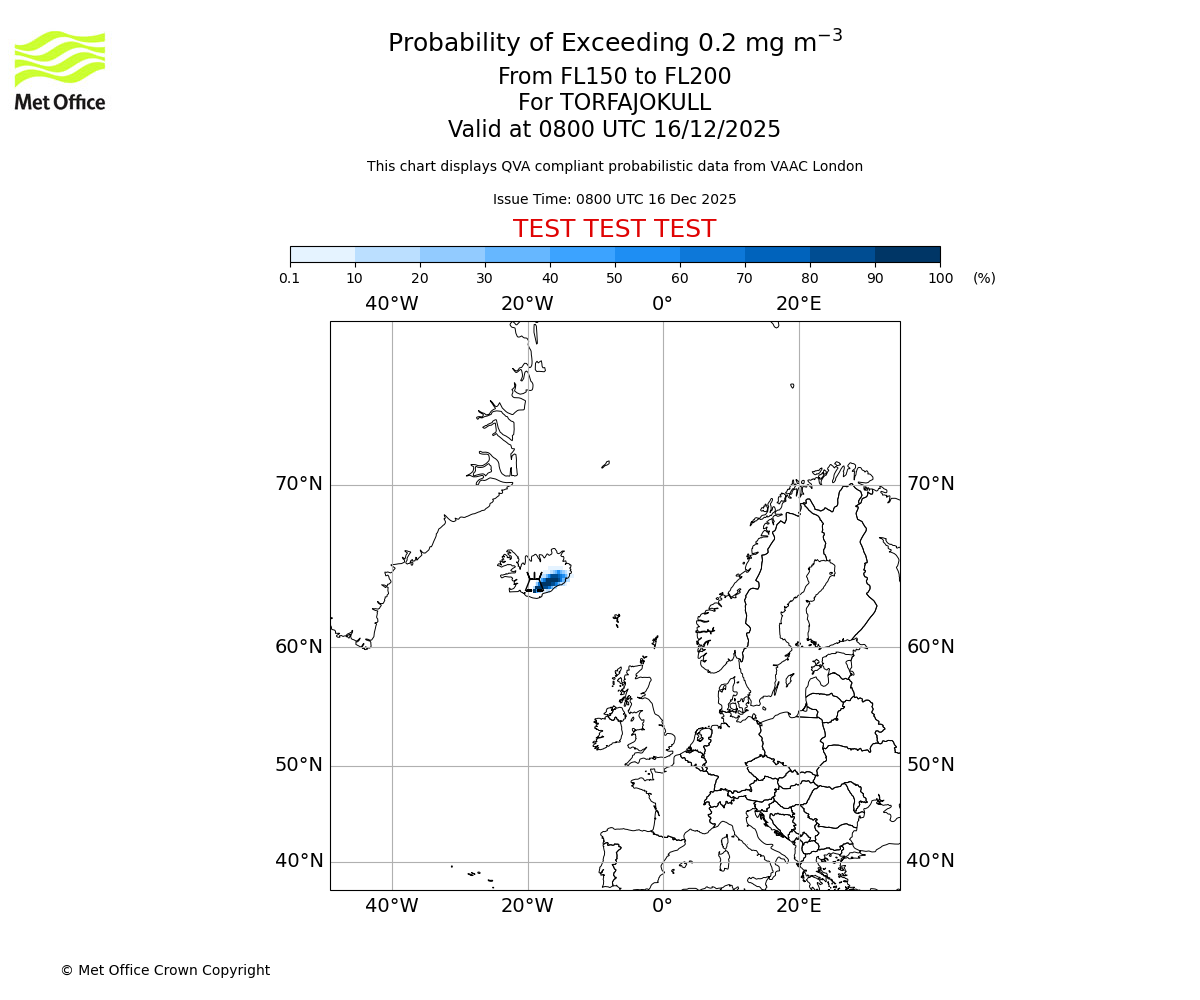 Probability of exceeding 0.2 milligrams per metre cubed. From 150 to 200 for TORFAJOKULL. Valid at 0800 UTC 16/12/2025