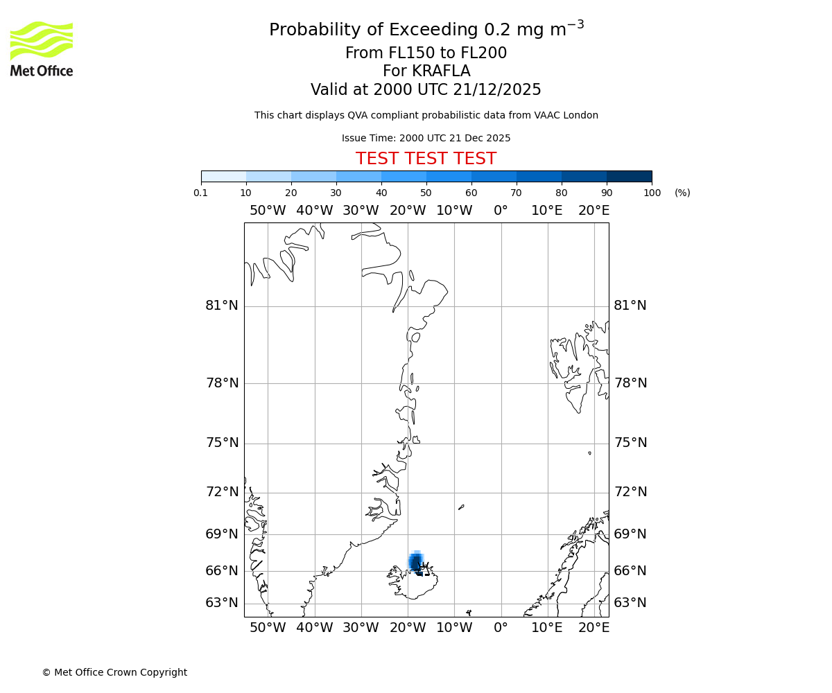 Probability of exceeding 0.2 milligrams per metre cubed. From 150 to 200 for KRAFLA. Valid at 2000 UTC 21/12/2025