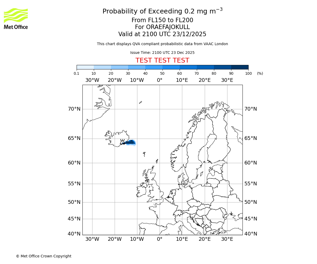 Probability of exceeding 0.2 milligrams per metre cubed. From 150 to 200 for ORAEFAJOKULL. Valid at 2100 UTC 23/12/2025
