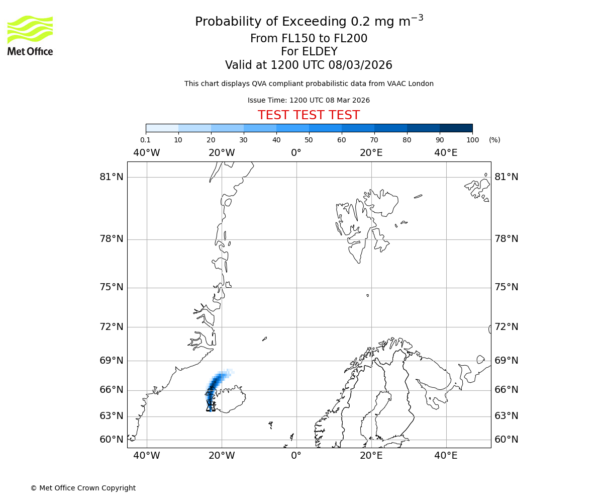 Probability of exceeding 0.2 milligrams per metre cubed. From 150 to 200 for ELDEY. Valid at 1200 UTC 08/03/2026