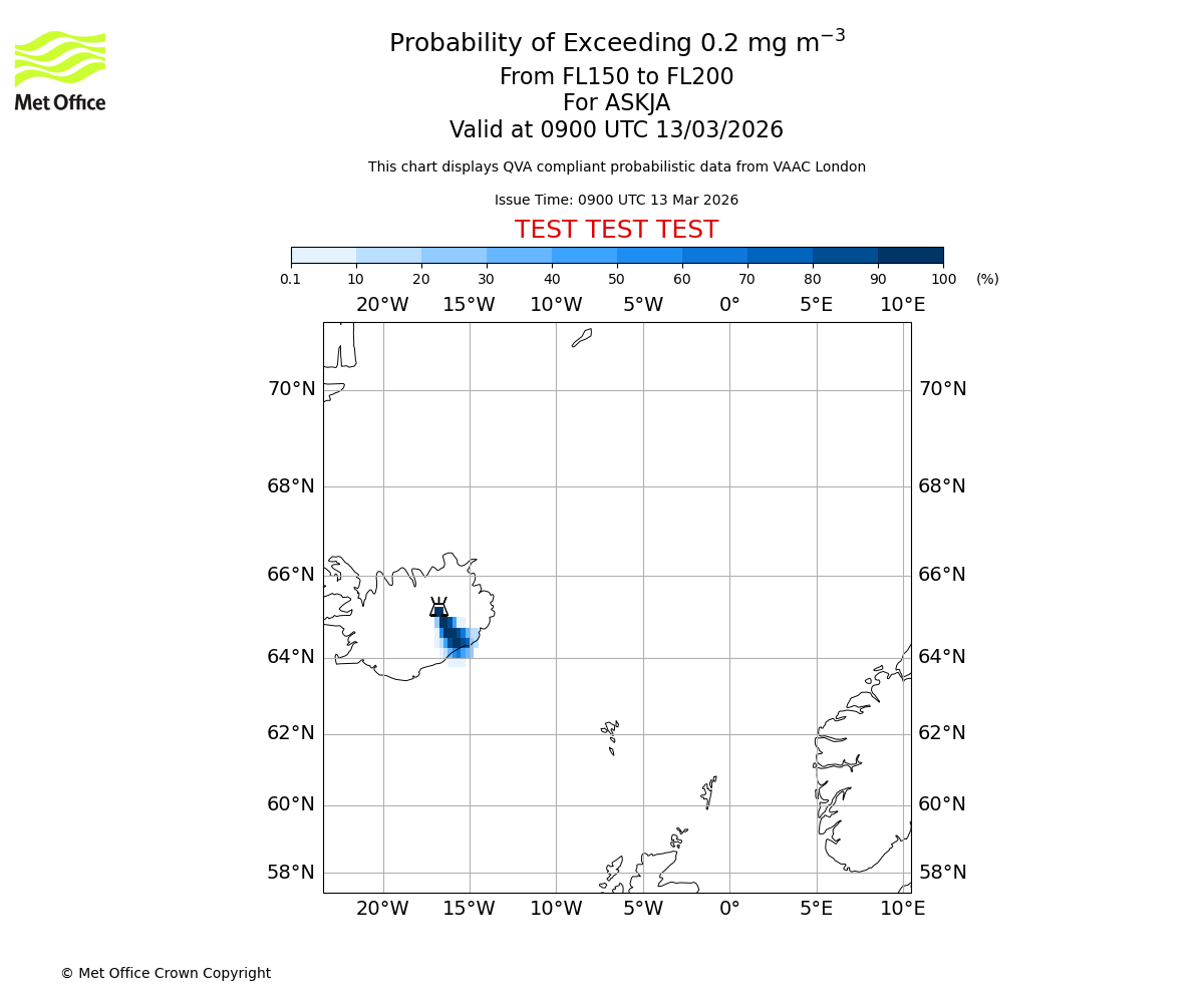 Probability of exceeding 0.2 milligrams per metre cubed. From 150 to 200 for ASKJA. Valid at 0900 UTC 13/03/2026