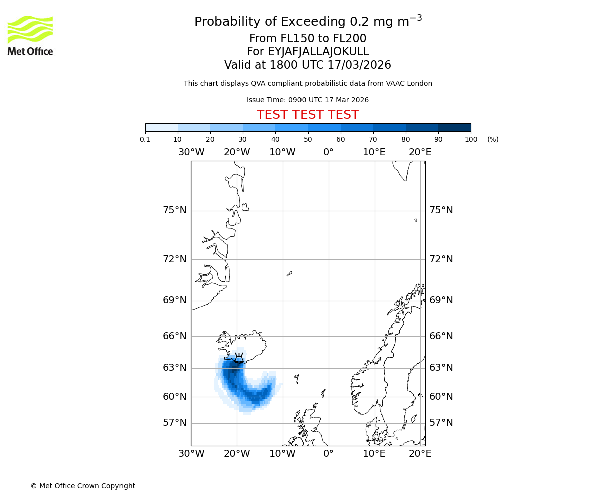 Probability of exceeding 0.2 milligrams per metre cubed. From 150 to 200 for EYJAFJALLAJOKULL. Valid at 1800 UTC 17/03/2026
