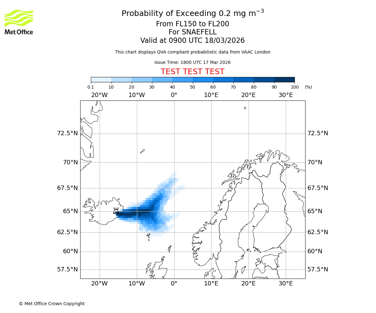 Probability of exceeding 0.2 milligrams per metre cubed. From 150 to 200 for SNAEFELL. Valid at 0900 UTC 18/03/2026