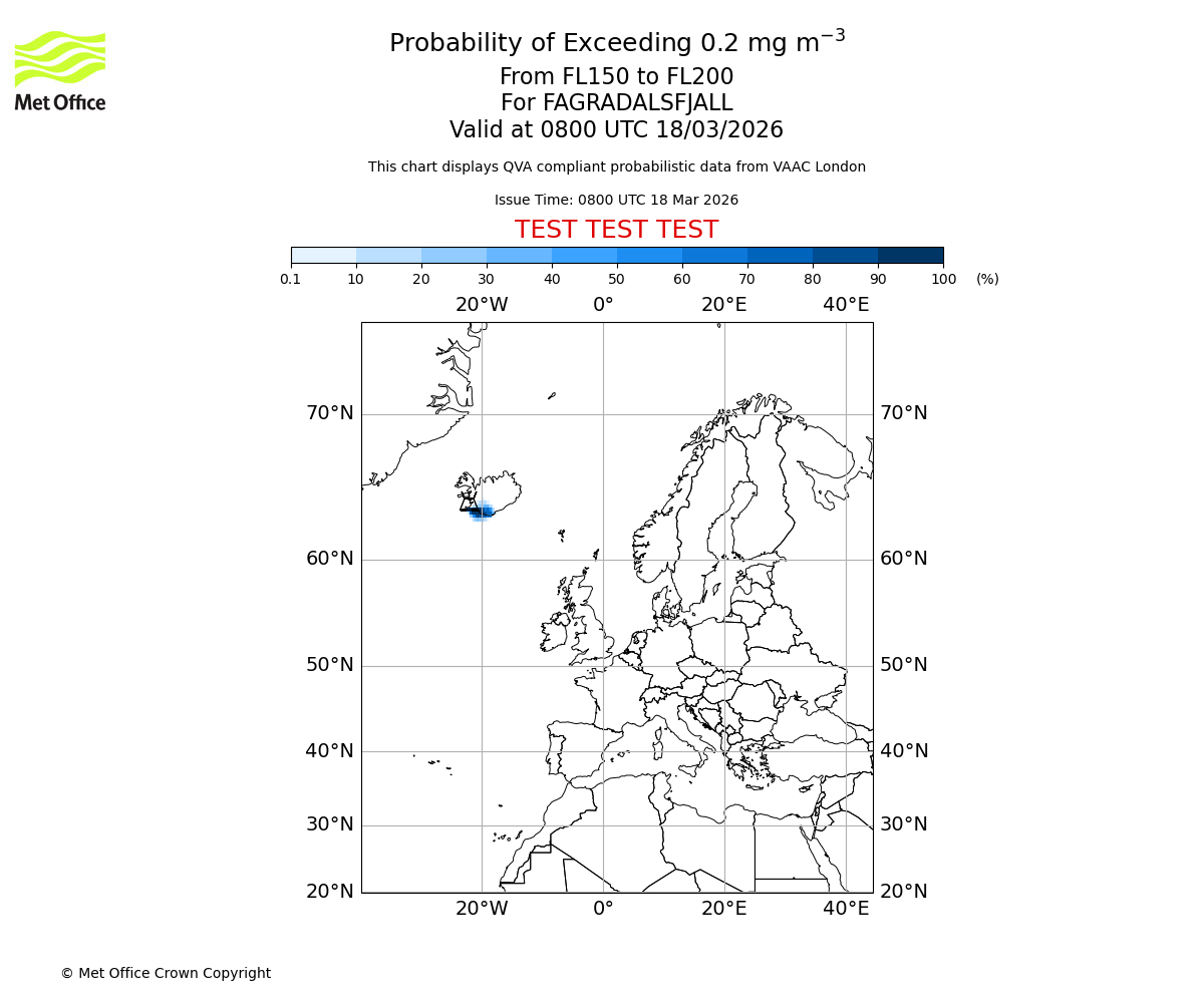 Probability of exceeding 0.2 milligrams per metre cubed. From 150 to 200 for FAGRADALSFJALL. Valid at 0800 UTC 18/03/2026