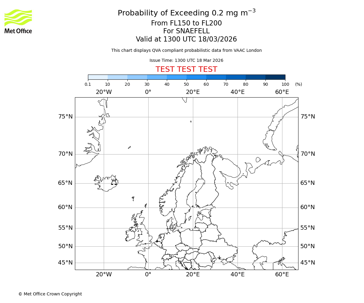 Probability of exceeding 0.2 milligrams per metre cubed. From 150 to 200 for SNAEFELL. Valid at 1300 UTC 18/03/2026