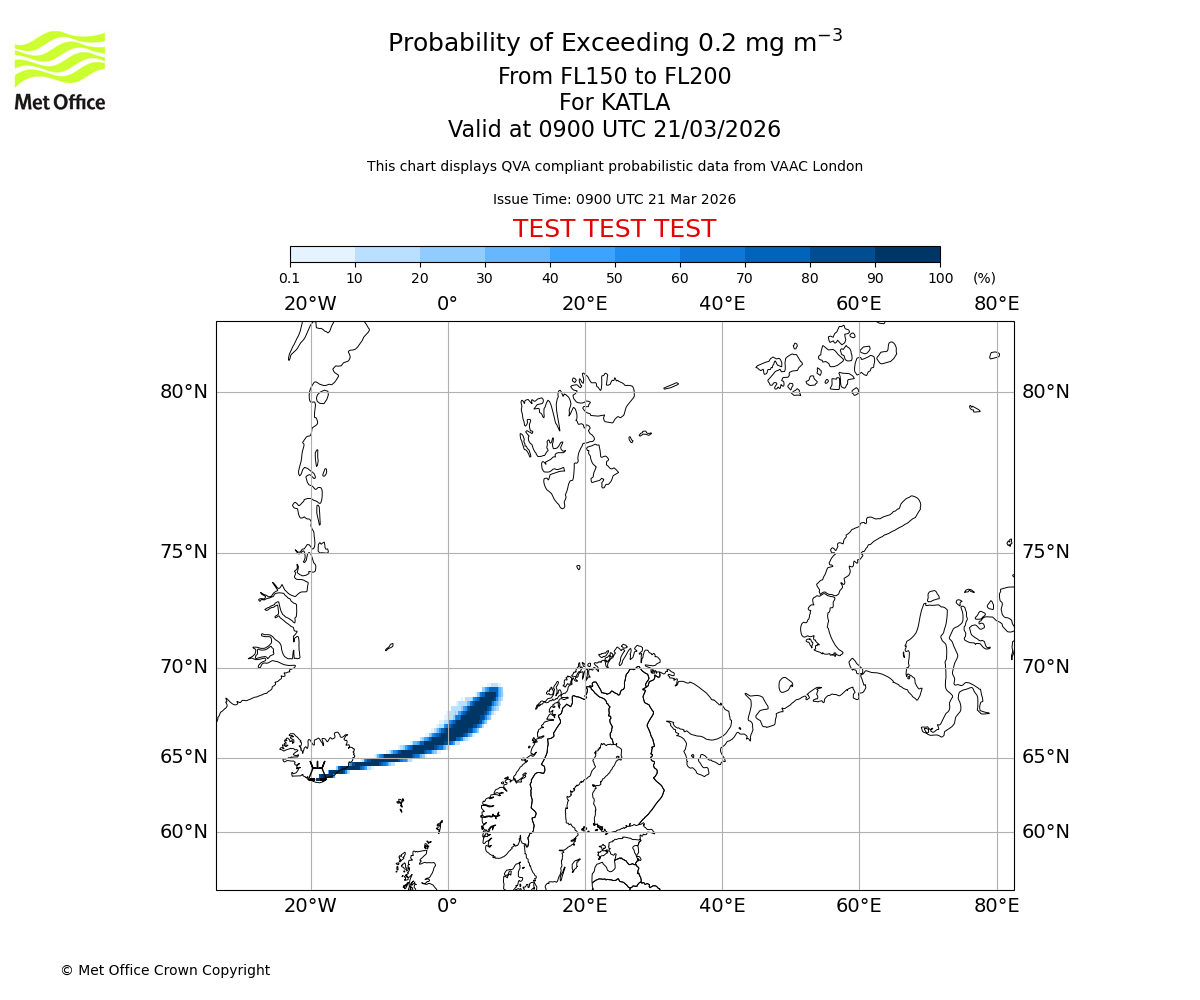 Probability of exceeding 0.2 milligrams per metre cubed. From 150 to 200 for KATLA. Valid at 0900 UTC 21/03/2026