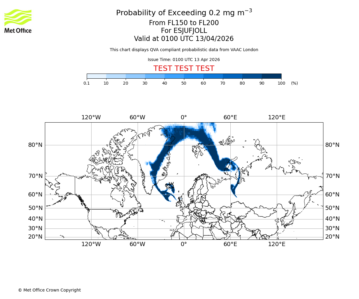 Probability of exceeding 0.2 milligrams per metre cubed. From 150 to 200 for ESJUFJOLL. Valid at 0100 UTC 13/04/2026