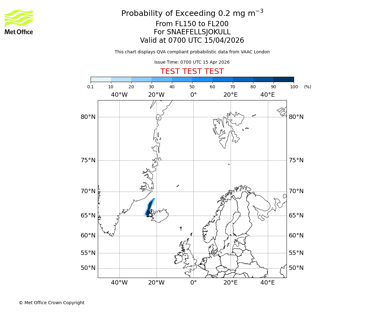 Probability of exceeding 0.2 milligrams per metre cubed. From 150 to 200 for SNAEFELLSJOKULL. Valid at 0700 UTC 15/04/2026