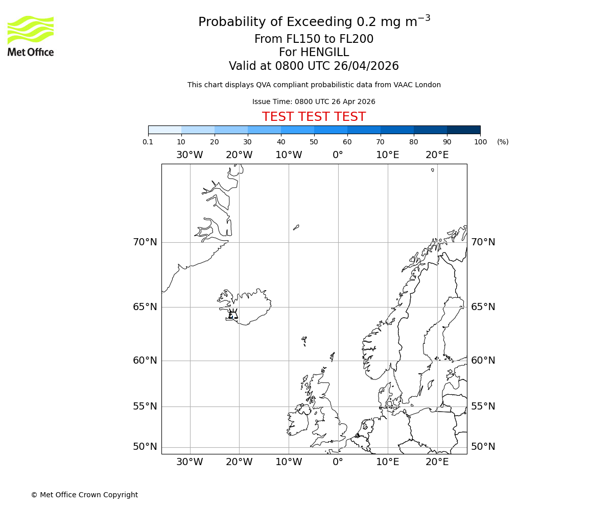 Probability of exceeding 0.2 milligrams per metre cubed. From 150 to 200 for HENGILL. Valid at 0800 UTC 26/04/2026