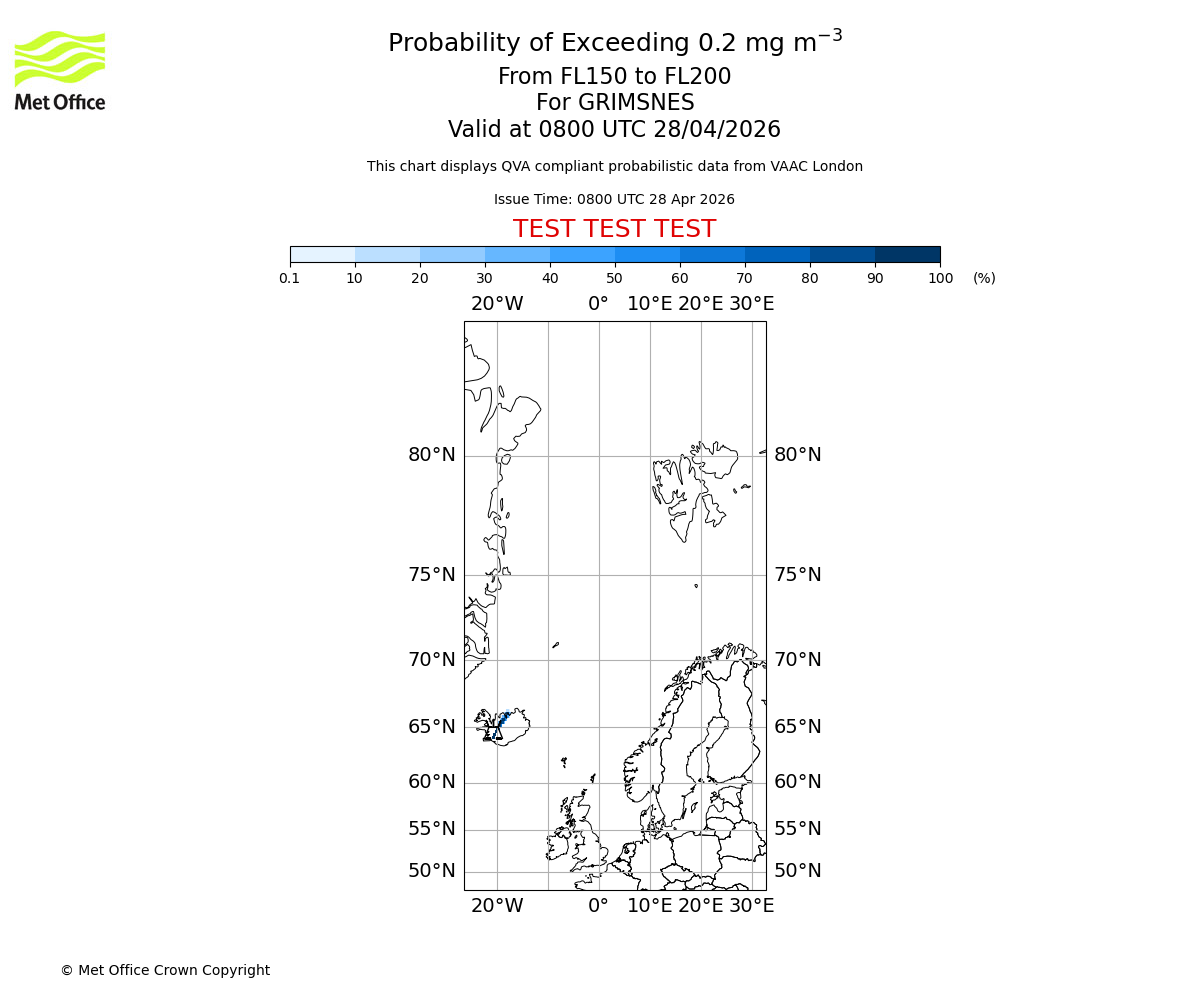 Probability of exceeding 0.2 milligrams per metre cubed. From 150 to 200 for GRIMSNES. Valid at 0800 UTC 28/04/2026