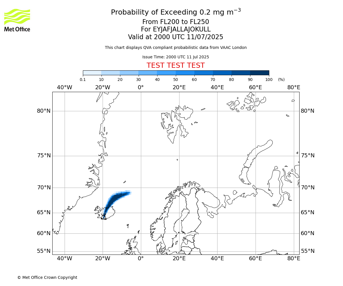 Probability of exceeding 0.2 milligrams per metre cubed. From 200 to 250 for EYJAFJALLAJOKULL. Valid at 2000 UTC 11/07/2025