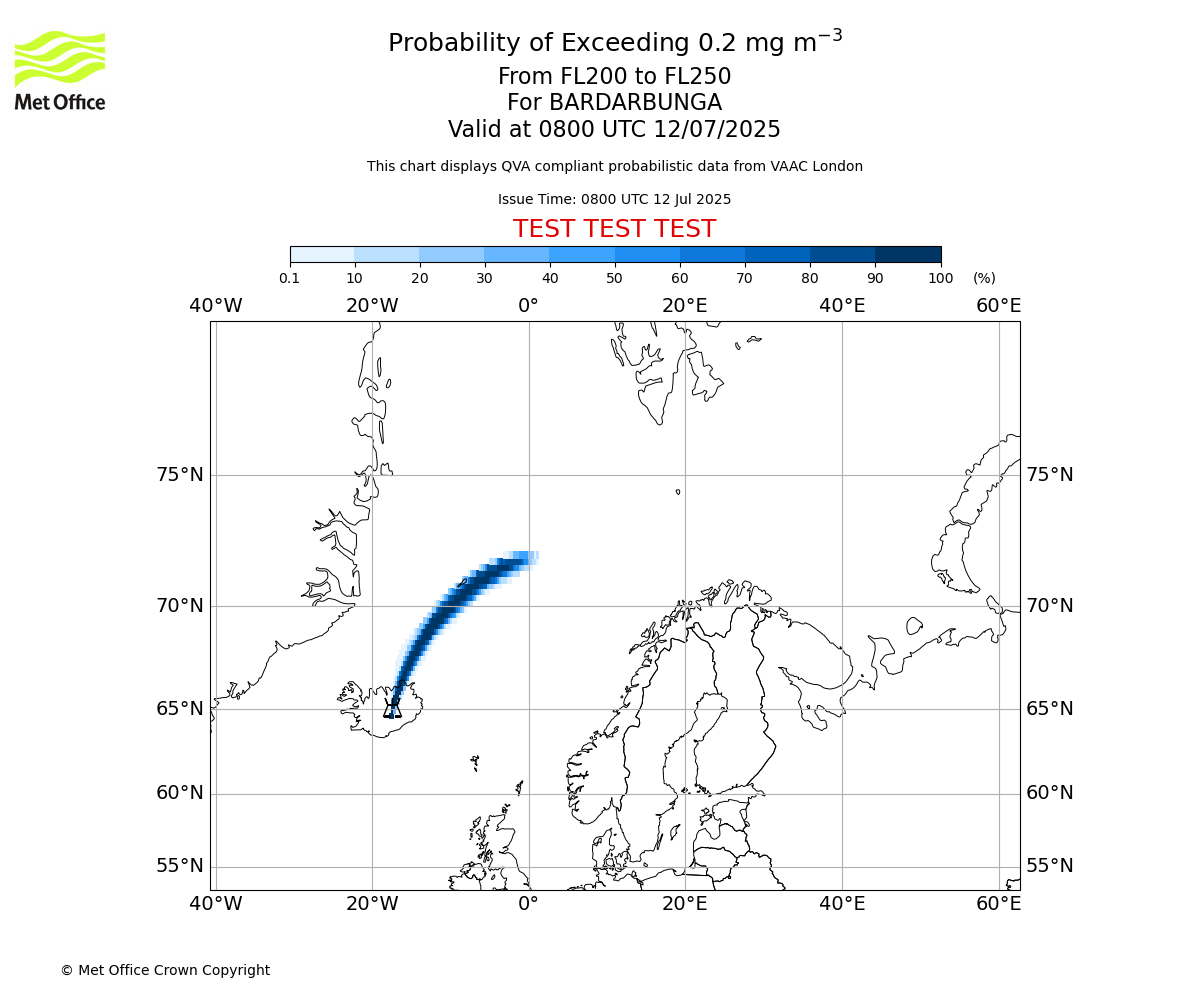 Probability of exceeding 0.2 milligrams per metre cubed. From 200 to 250 for BARDARBUNGA. Valid at 0800 UTC 12/07/2025