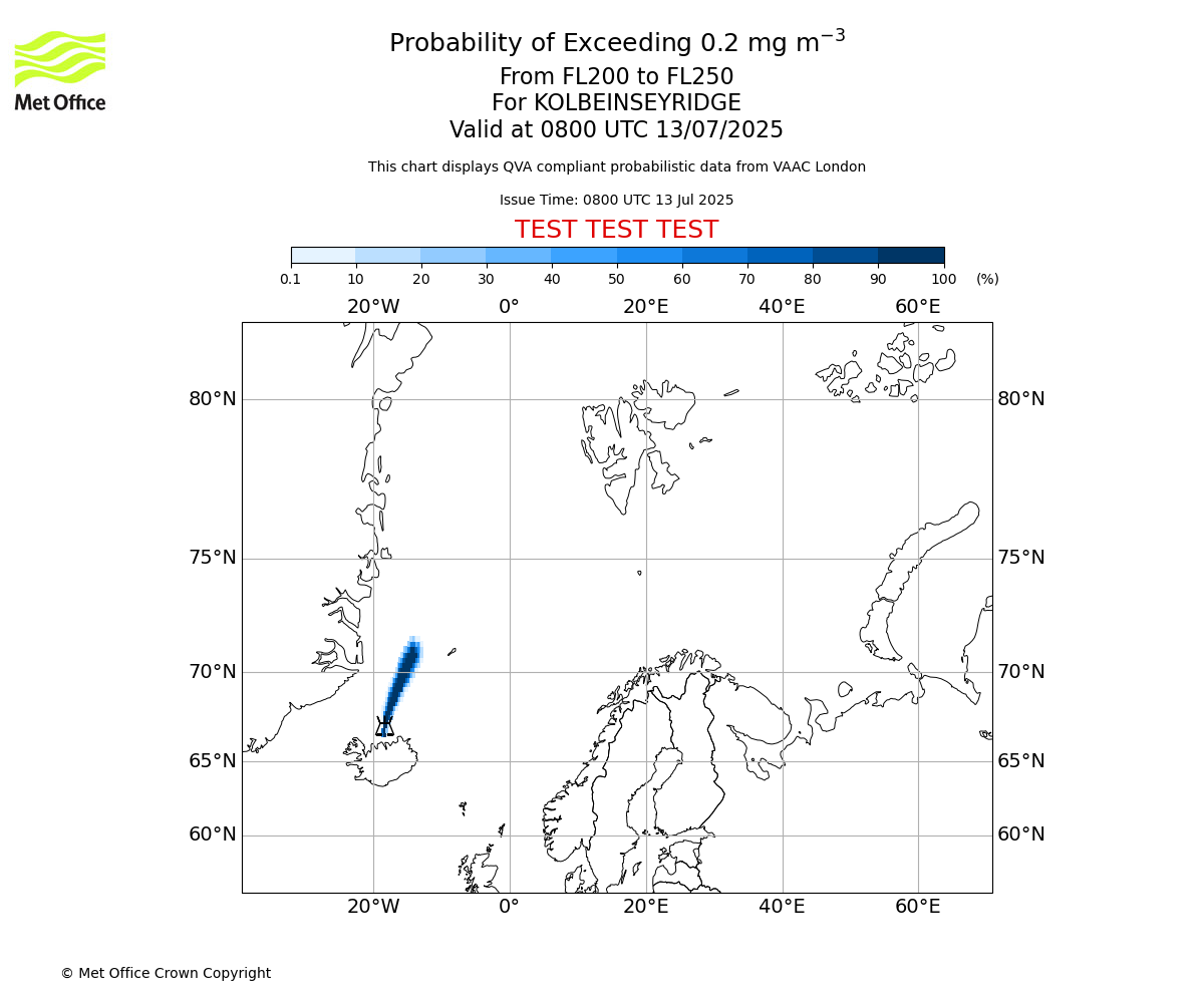 Probability of exceeding 0.2 milligrams per metre cubed. From 200 to 250 for KOLBEINSEYRIDGE. Valid at 0800 UTC 13/07/2025