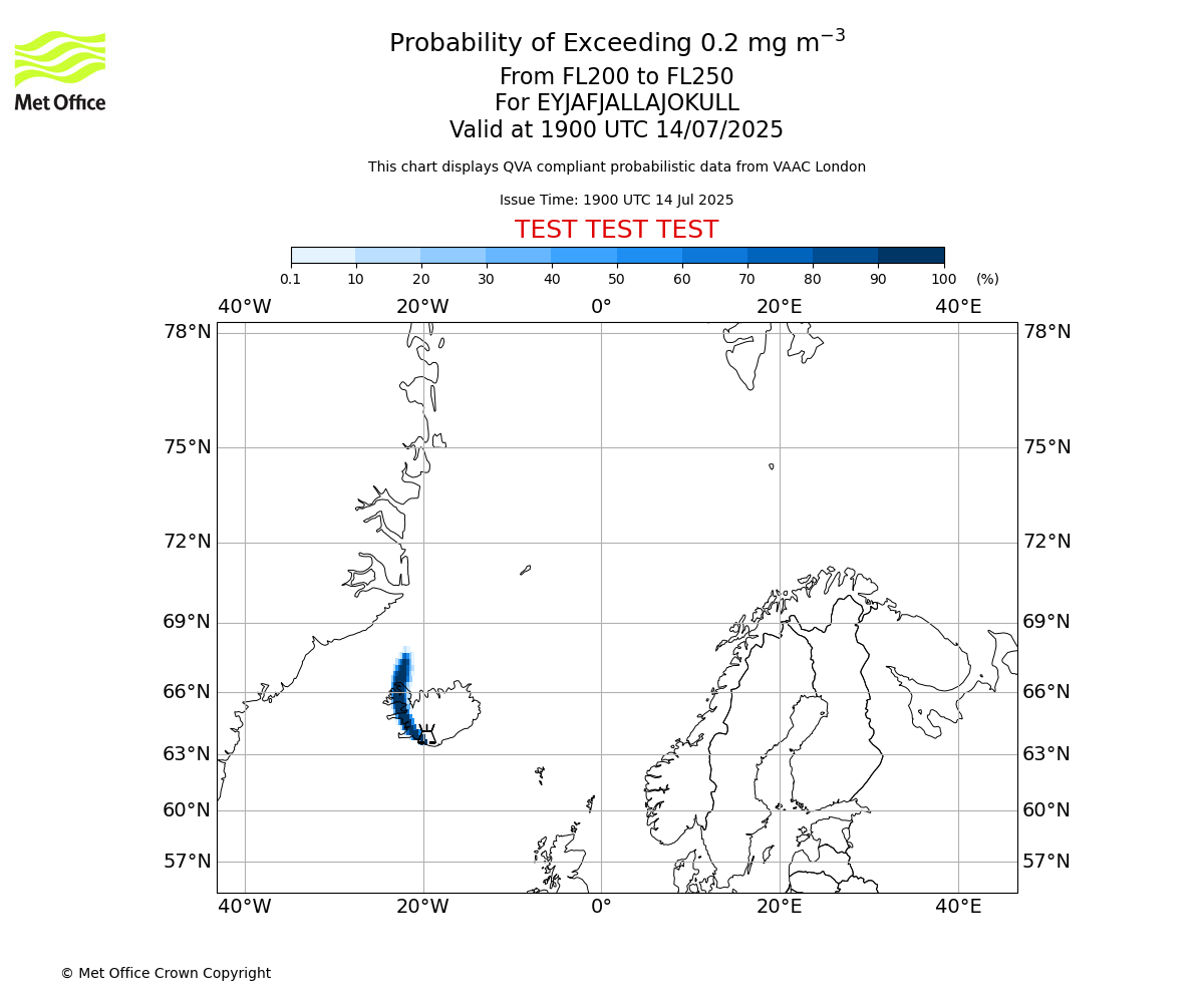 Probability of exceeding 0.2 milligrams per metre cubed. From 200 to 250 for EYJAFJALLAJOKULL. Valid at 1900 UTC 14/07/2025