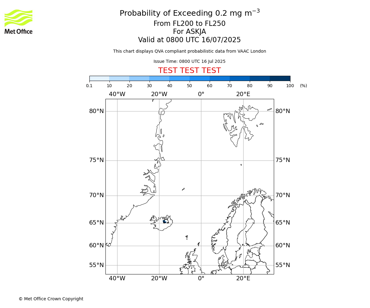 Probability of exceeding 0.2 milligrams per metre cubed. From 200 to 250 for ASKJA. Valid at 0800 UTC 16/07/2025