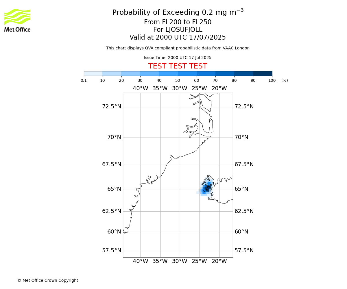 Probability of exceeding 0.2 milligrams per metre cubed. From 200 to 250 for LJOSUFJOLL. Valid at 2000 UTC 17/07/2025