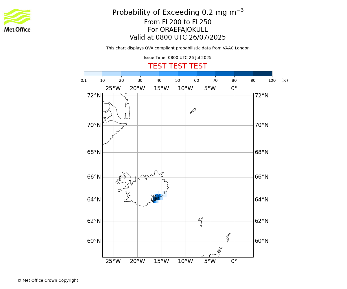 Probability of exceeding 0.2 milligrams per metre cubed. From 200 to 250 for ORAEFAJOKULL. Valid at 0800 UTC 26/07/2025