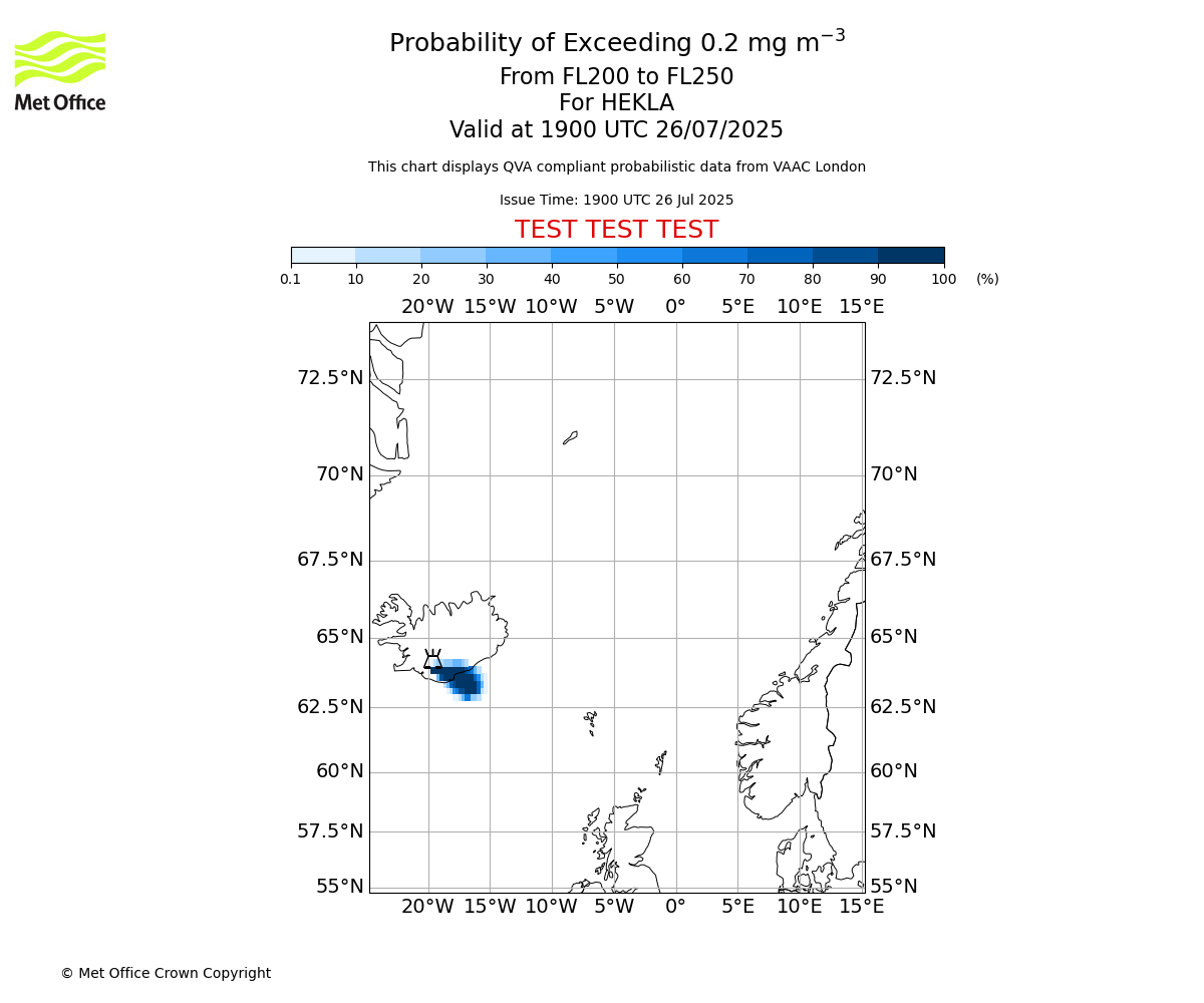 Probability of exceeding 0.2 milligrams per metre cubed. From 200 to 250 for HEKLA. Valid at 1900 UTC 26/07/2025