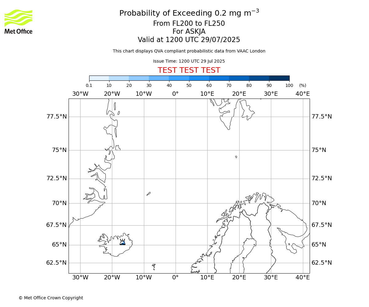 Probability of exceeding 0.2 milligrams per metre cubed. From 200 to 250 for ASKJA. Valid at 1200 UTC 29/07/2025
