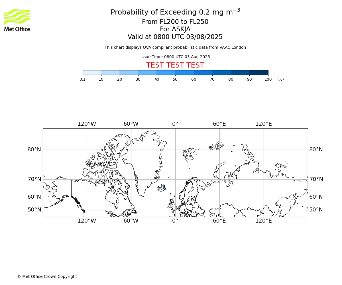 Probability of exceeding 0.2 milligrams per metre cubed. From 200 to 250 for ASKJA. Valid at 0800 UTC 03/08/2025