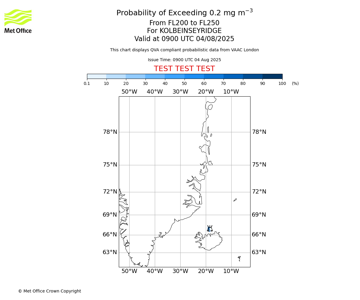 Probability of exceeding 0.2 milligrams per metre cubed. From 200 to 250 for KOLBEINSEYRIDGE. Valid at 0900 UTC 04/08/2025