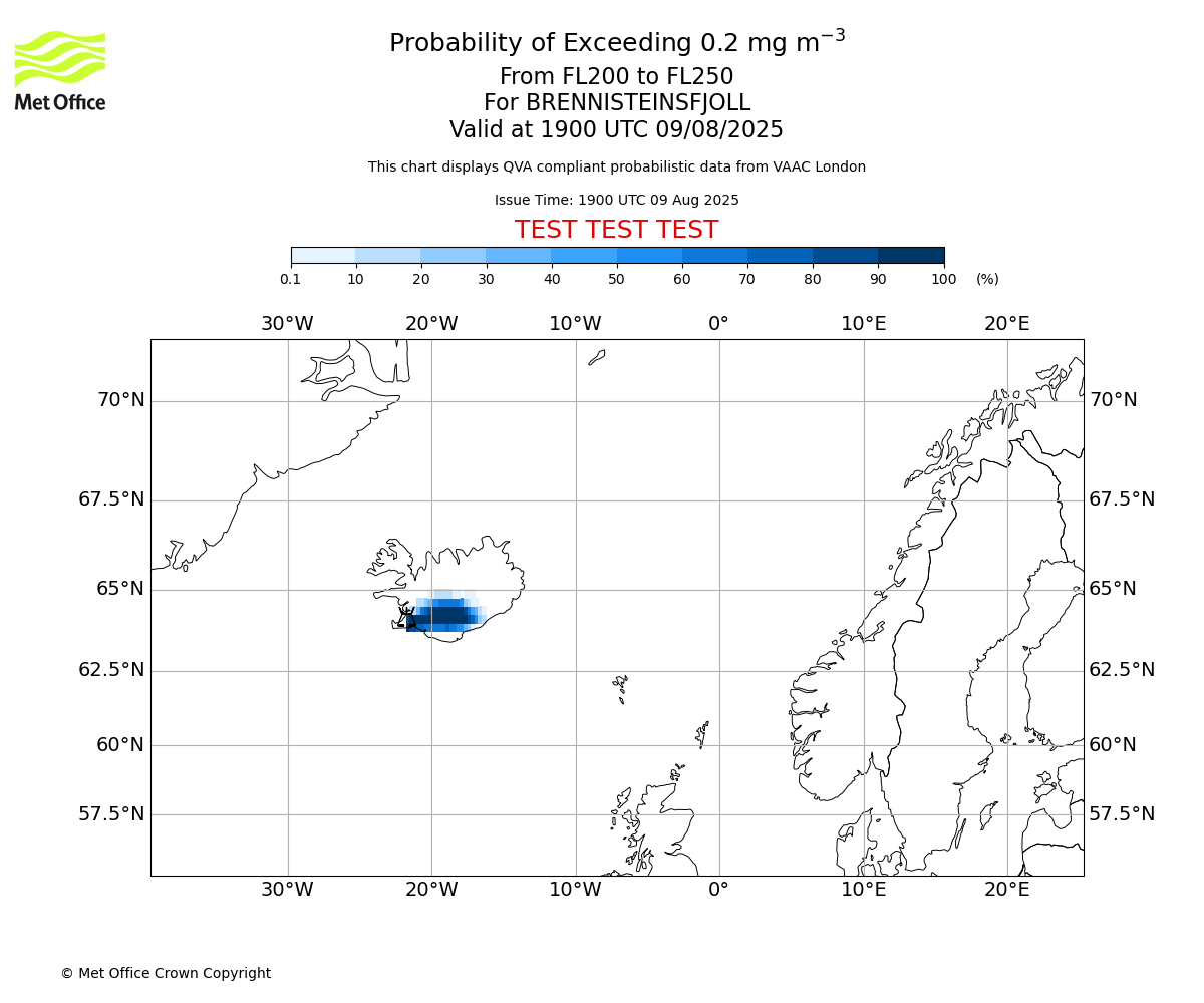 Probability of exceeding 0.2 milligrams per metre cubed. From 200 to 250 for BRENNISTEINSFJOLL. Valid at 1900 UTC 09/08/2025