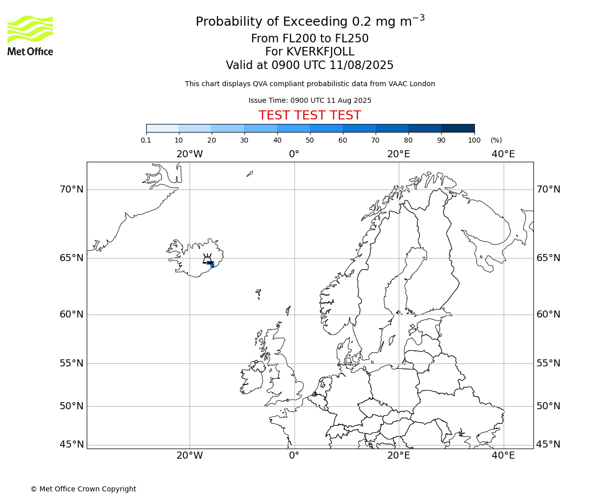 Probability of exceeding 0.2 milligrams per metre cubed. From 200 to 250 for KVERKFJOLL. Valid at 0900 UTC 11/08/2025