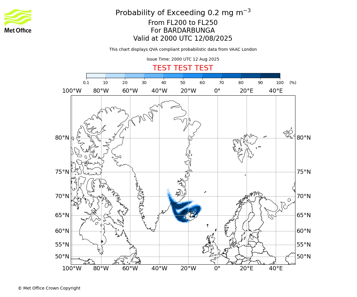 Probability of exceeding 0.2 milligrams per metre cubed. From 200 to 250 for BARDARBUNGA. Valid at 2000 UTC 12/08/2025