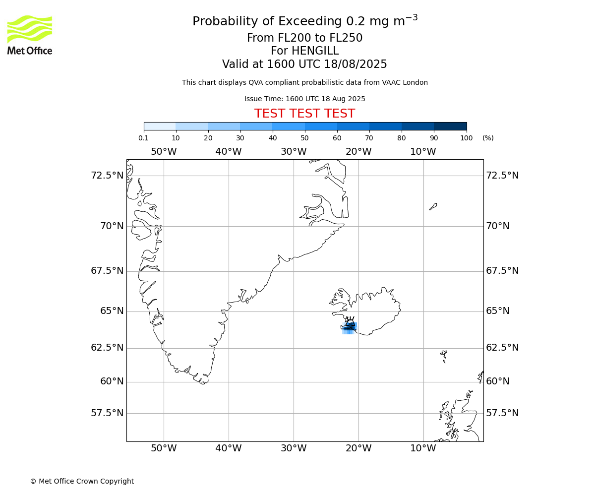 Probability of exceeding 0.2 milligrams per metre cubed. From 200 to 250 for HENGILL. Valid at 1600 UTC 18/08/2025