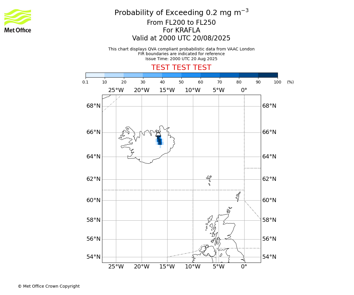 Probability of exceeding 0.2 milligrams per metre cubed. From 200 to 250 for KRAFLA. Valid at 2000 UTC 20/08/2025