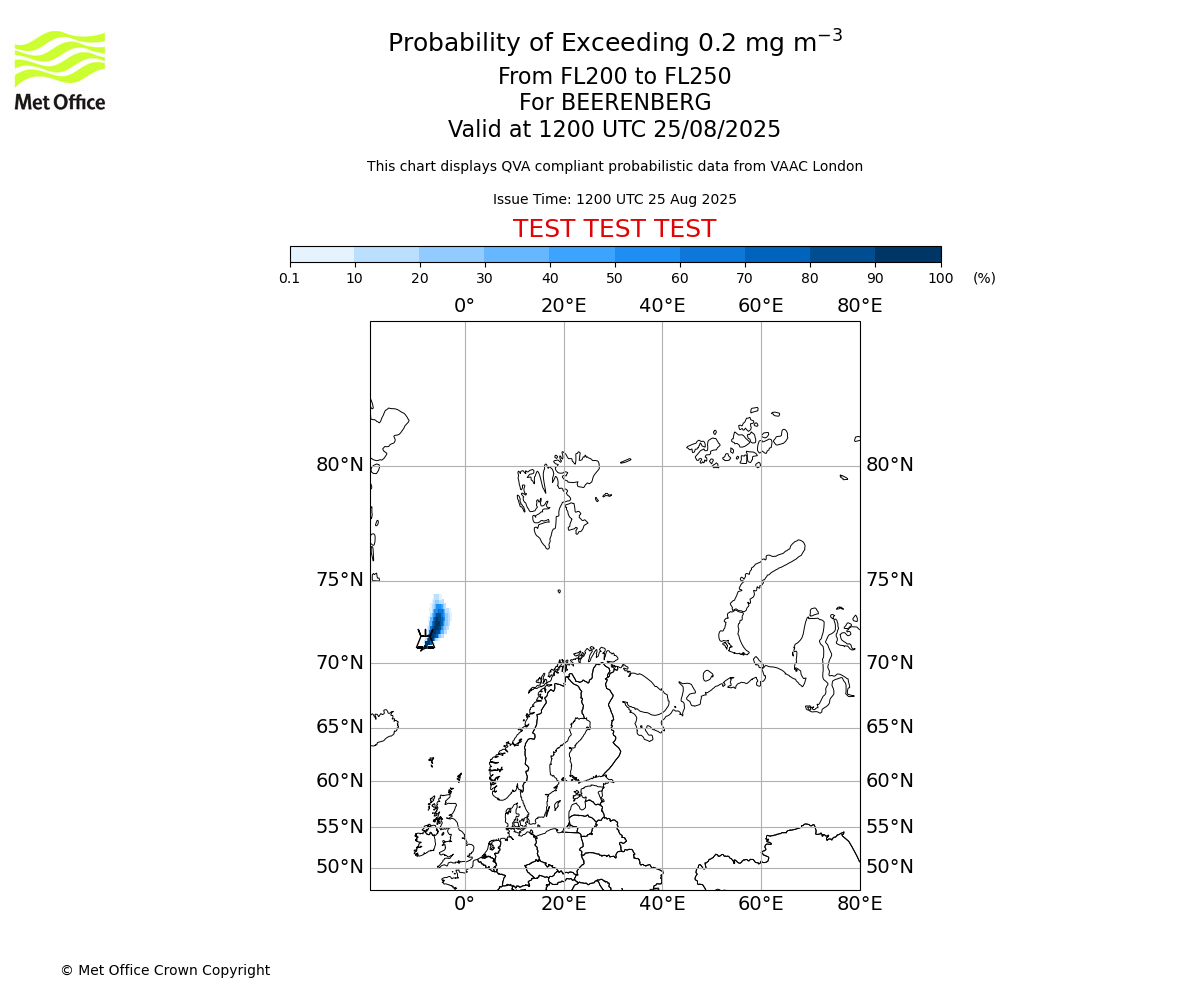 Probability of exceeding 0.2 milligrams per metre cubed. From 200 to 250 for BEERENBERG. Valid at 1200 UTC 25/08/2025