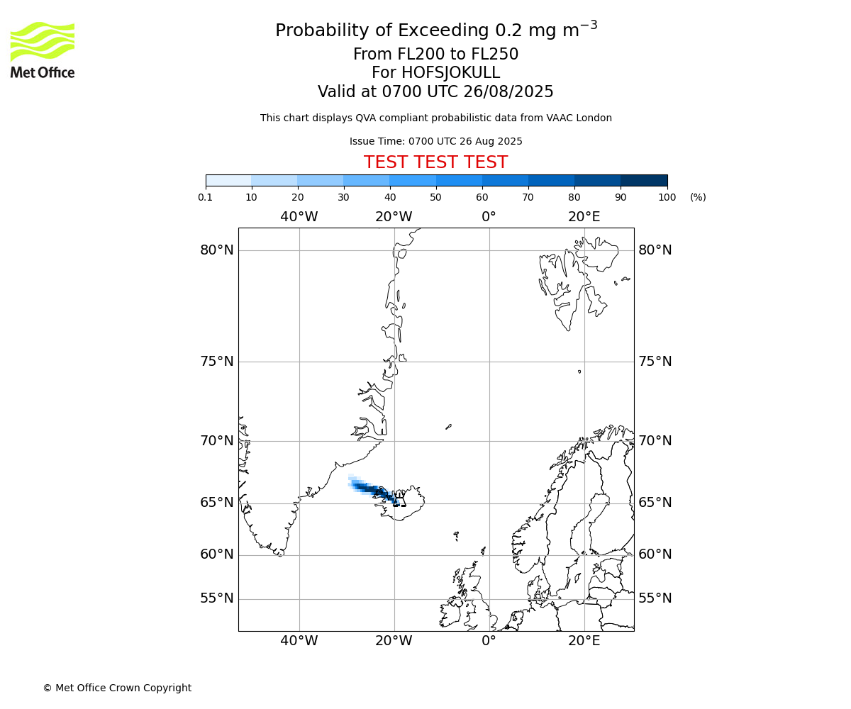Probability of exceeding 0.2 milligrams per metre cubed. From 200 to 250 for HOFSJOKULL. Valid at 0700 UTC 26/08/2025